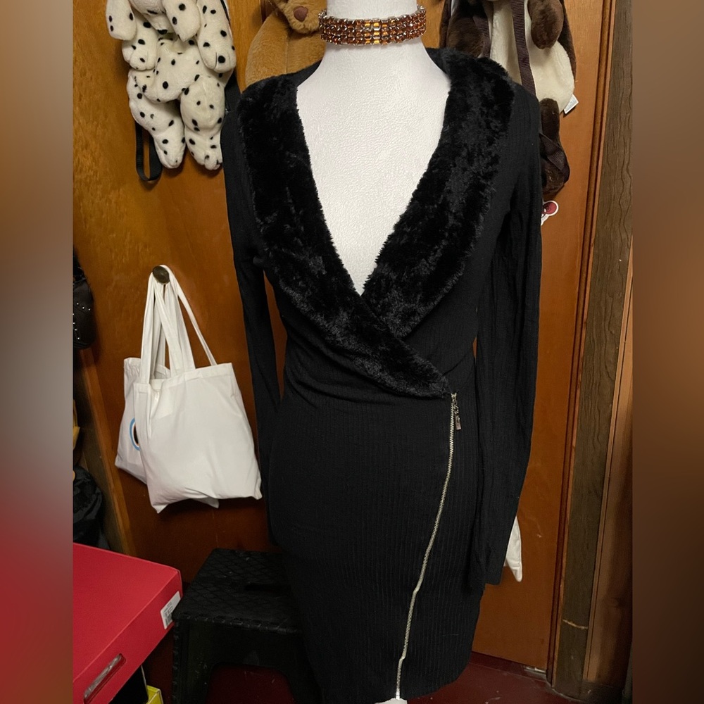 Black fur plunge neck dress!